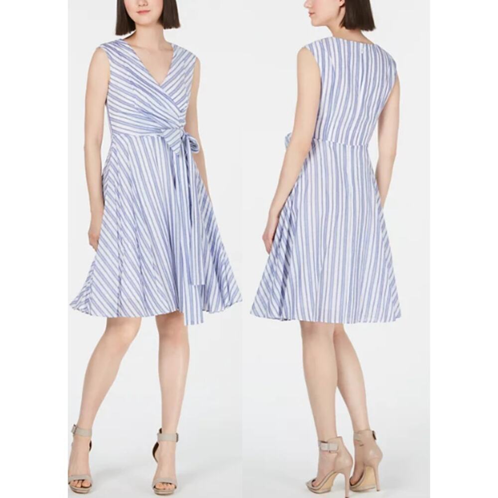 Calvin Klein Size 0 Blue White Striped Fit Flare Knee Dress Picnic Cottagecore